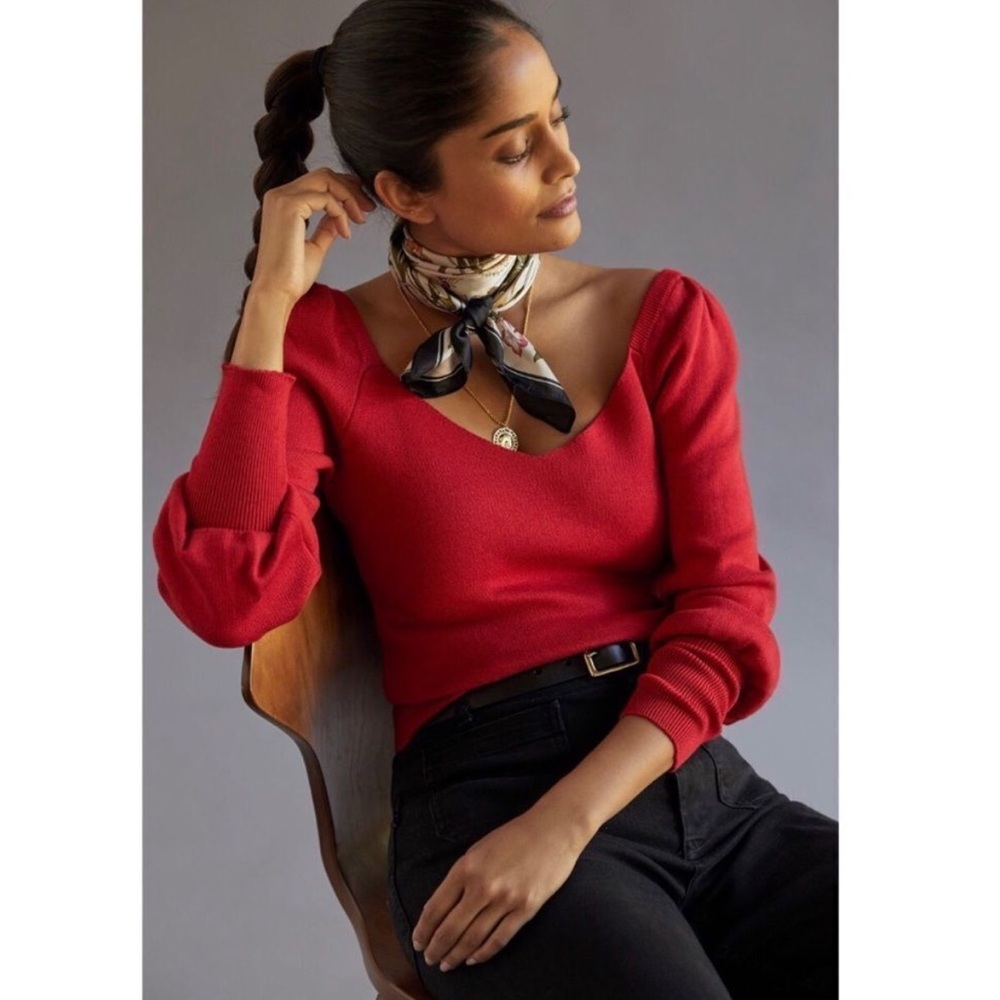 Anthropologie Red v-neck puff sleeve sweater